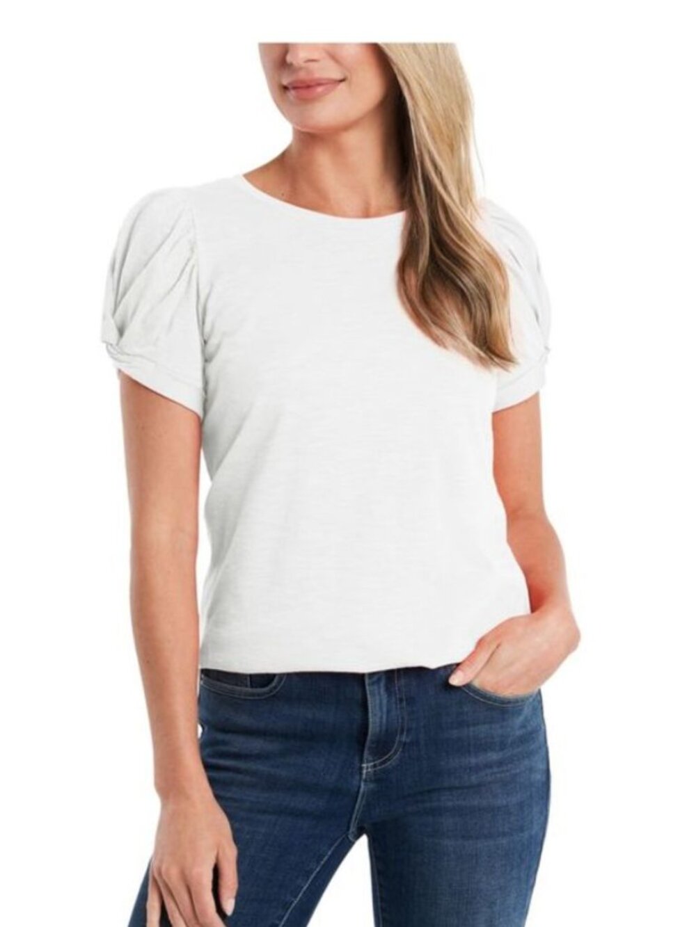 CECE Womens Ecru Stretch Pouf Sleeve Crew Neck Top XL